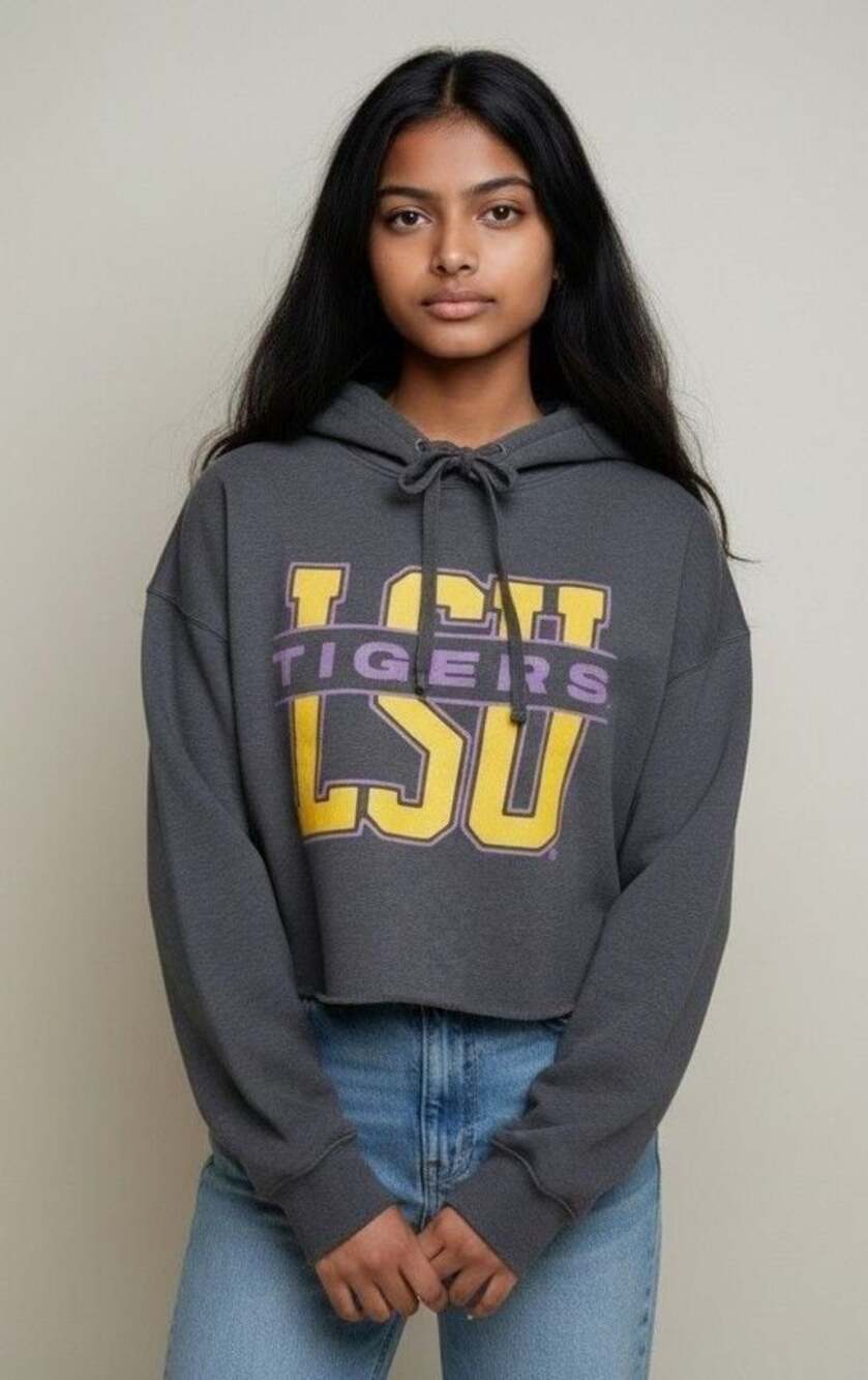 BELLA+CANVAS LSU Tigers Fleece Collection Cropped Hoodie Charcoal Size L